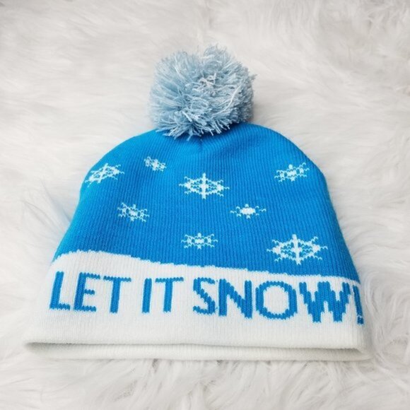 Let It Snow! Blue White Flashing Lights Pom Pom Knit Beanie Hat Kids OS - Picture 3 of 5